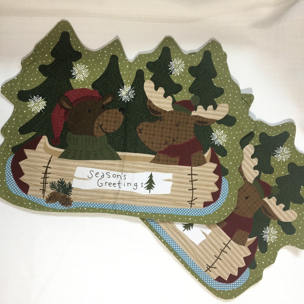 Christmas Moose Bear Trees Canoe Holiday Placemats Set of 2 Patchwork Fabric‎